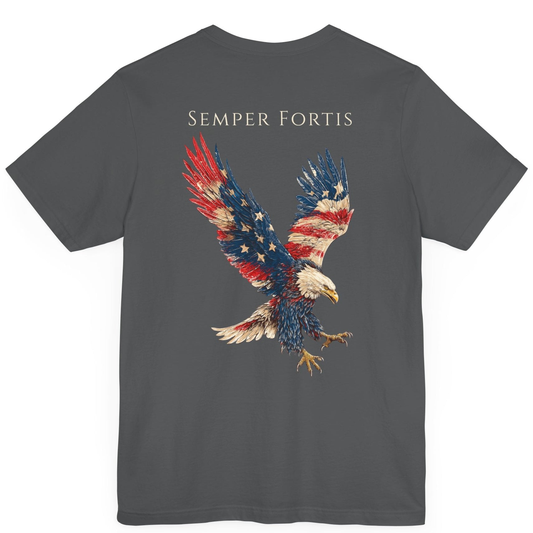 Semper Fortis Patriotic Shirt with Eagle Flag Design, American, asphalt color shirt, back view