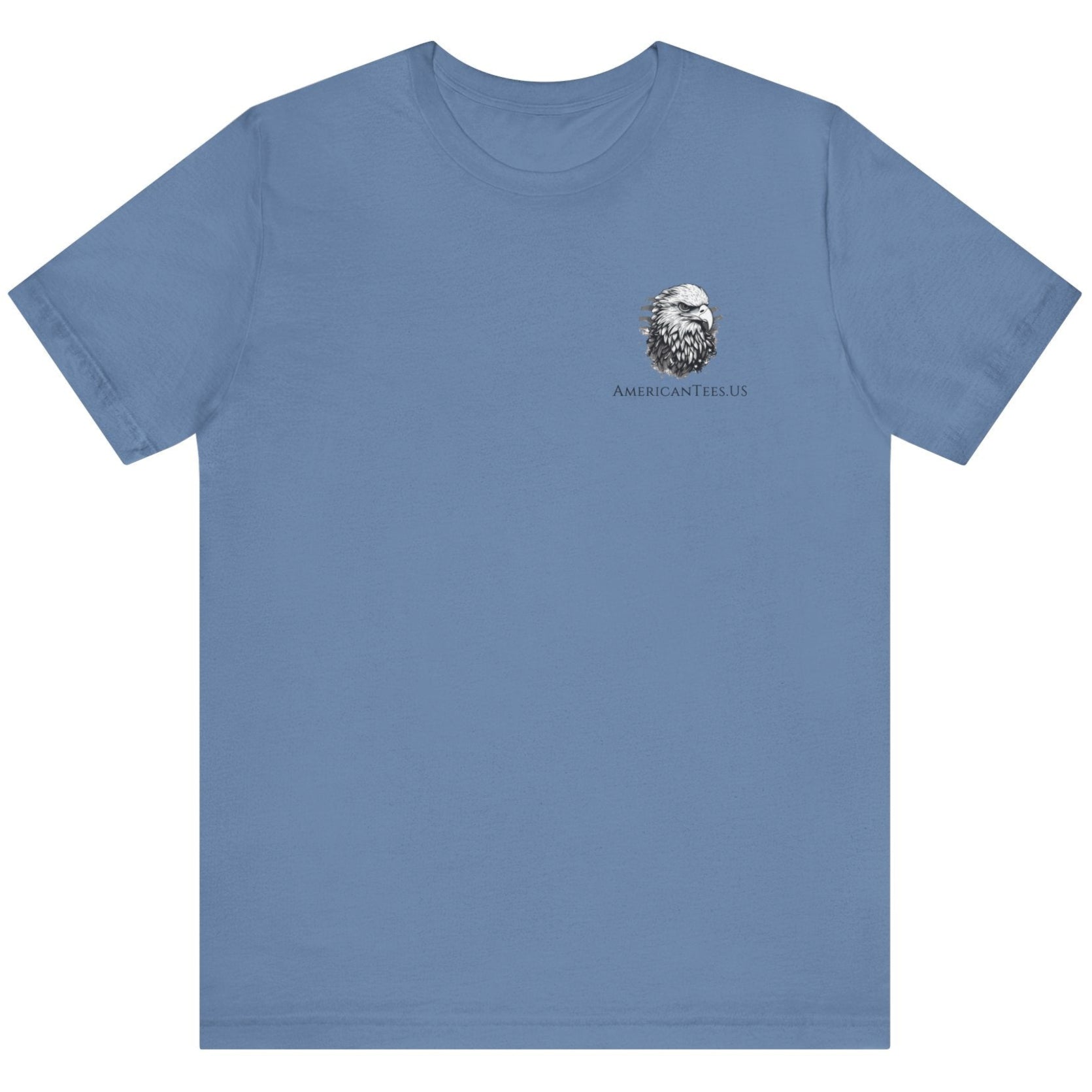 Front view of an lavender blue colored t-shirt with a graphic design of a rifle crossed with a quill fountain pen and an American flag ribbon, with the quote Defend the Republic by law or by force. Patriotic Shirts. logo design on front.