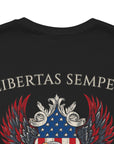 Patriotic Shirts Libertas Semper Eagle Flag Tee flat lay, black back view closeup featuring an eagle and American flag with scrollwork on a unisex 100% cotton shirt, ideal for American pride
