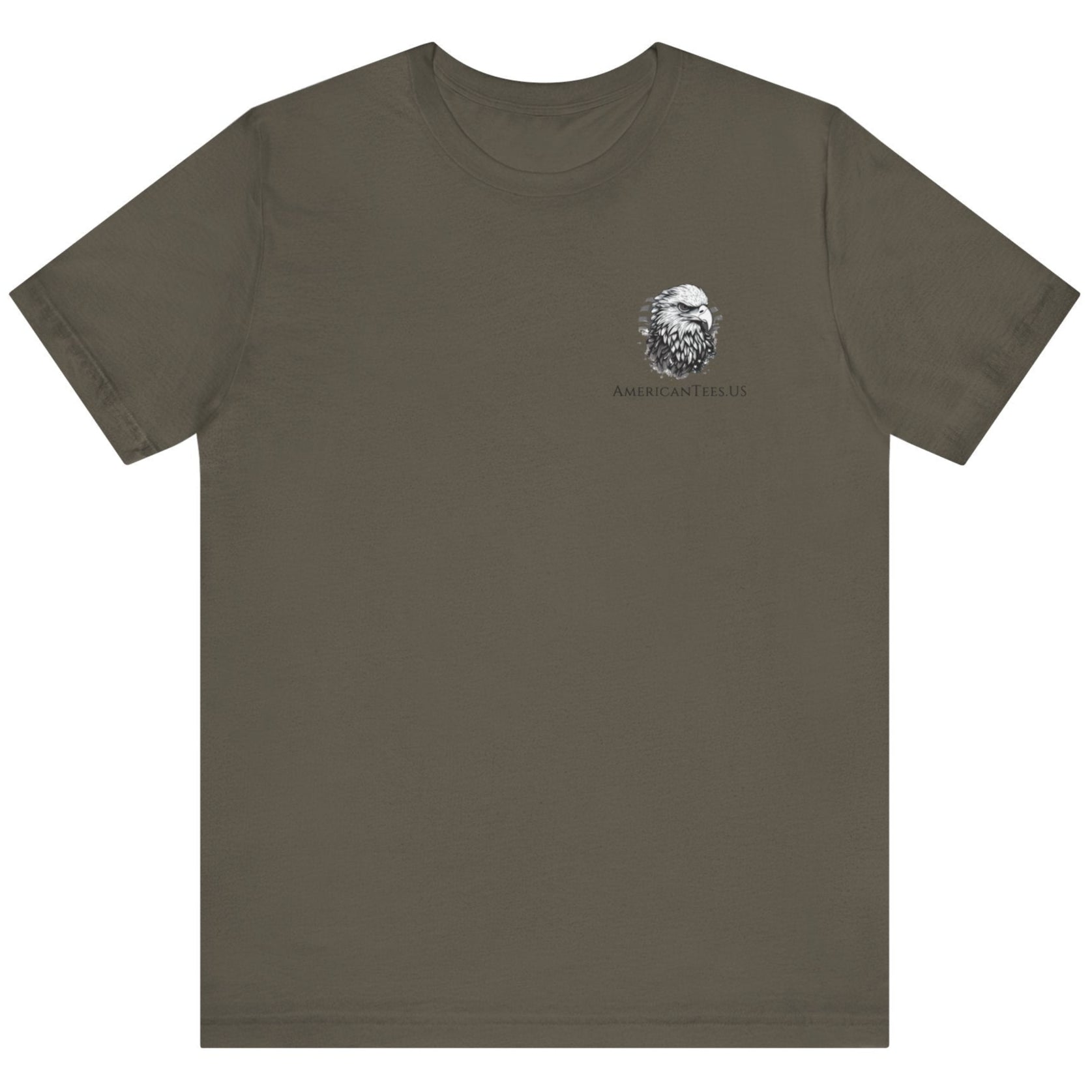 patriotic shirt front view army green color fabric tee logo with eagle on front, american flag on shield with scrollwork, Domus Fortium, home of the brave motto