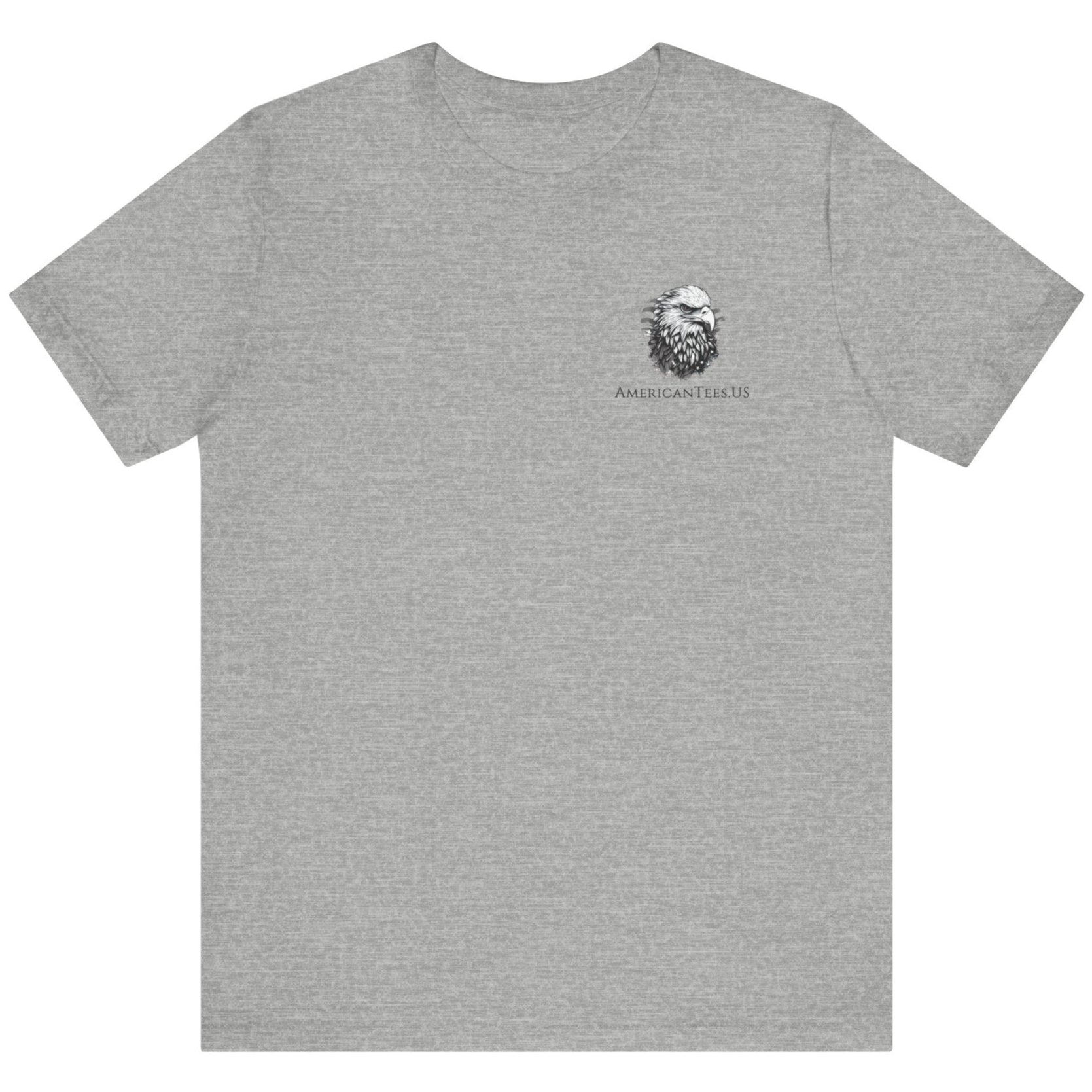 front view athletic heather color fabric tee with americantees.us logo on front with spartan helmet covered with american flag and motto molon labe patriotic shirt