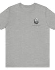 front view athletic heather color fabric tee with americantees.us logo on front with spartan helmet covered with american flag and motto molon labe patriotic shirt
