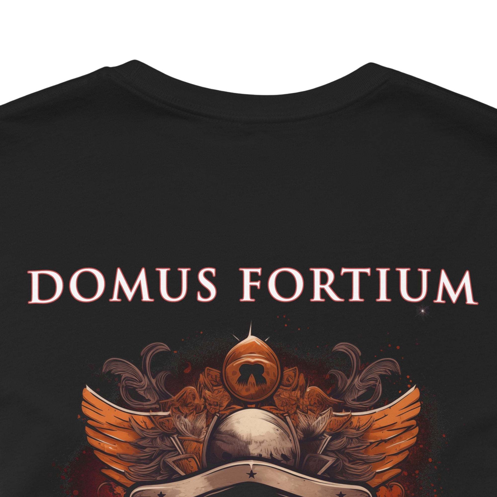 patriotic shirt back view closeup black color fabric tee logo with eagle on front, american flag on shield with scrollwork, Domus Fortium, home of the brave motto