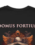 patriotic shirt back view closeup black color fabric tee logo with eagle on front, american flag on shield with scrollwork, Domus Fortium, home of the brave motto