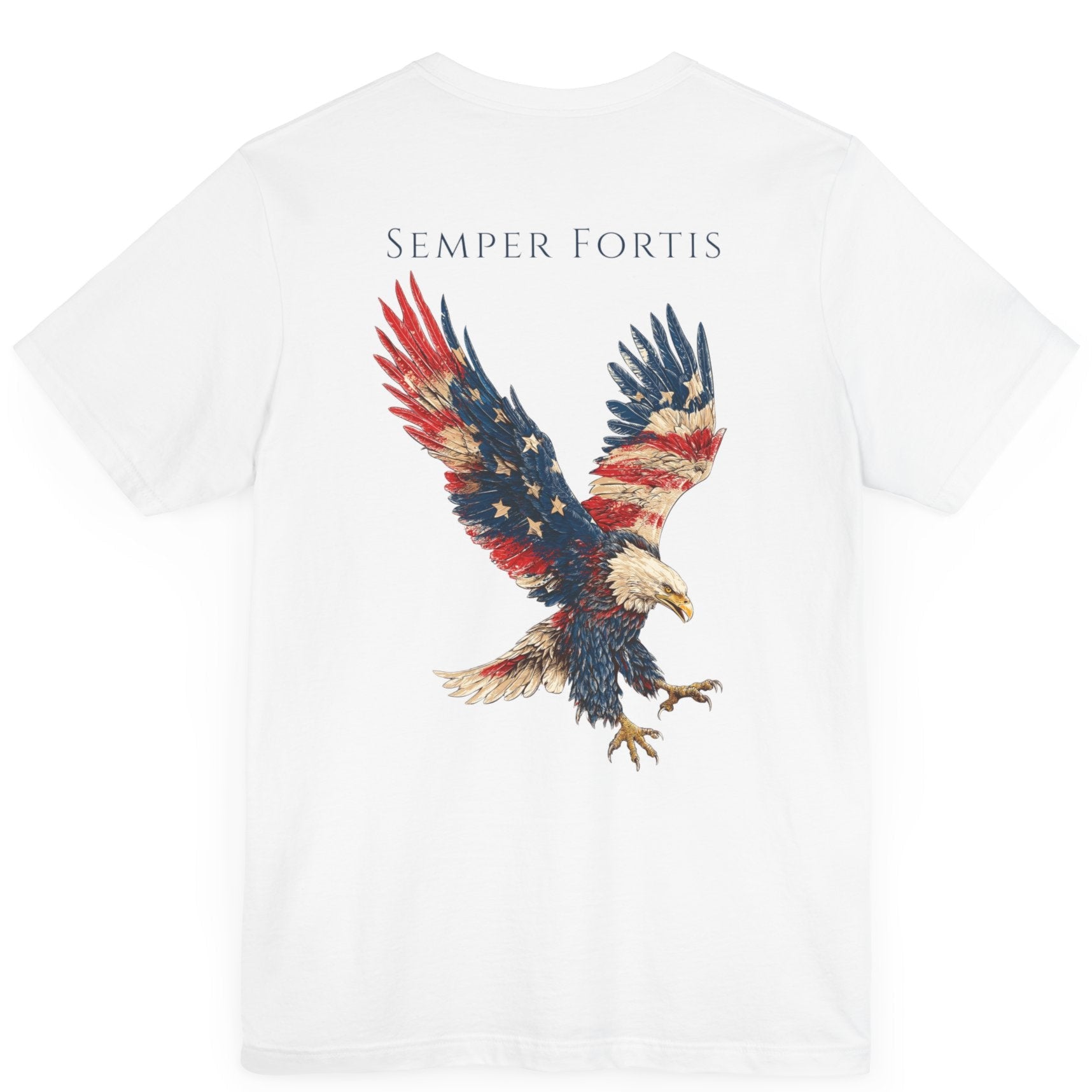 Semper Fortis Patriotic Shirt with Eagle Flag Design, American, white color shirt, back view