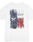 rear view of white colored fabric shirt with americantees.us logo on front and Texas flag with rifle and Keep Texas Free writing on back