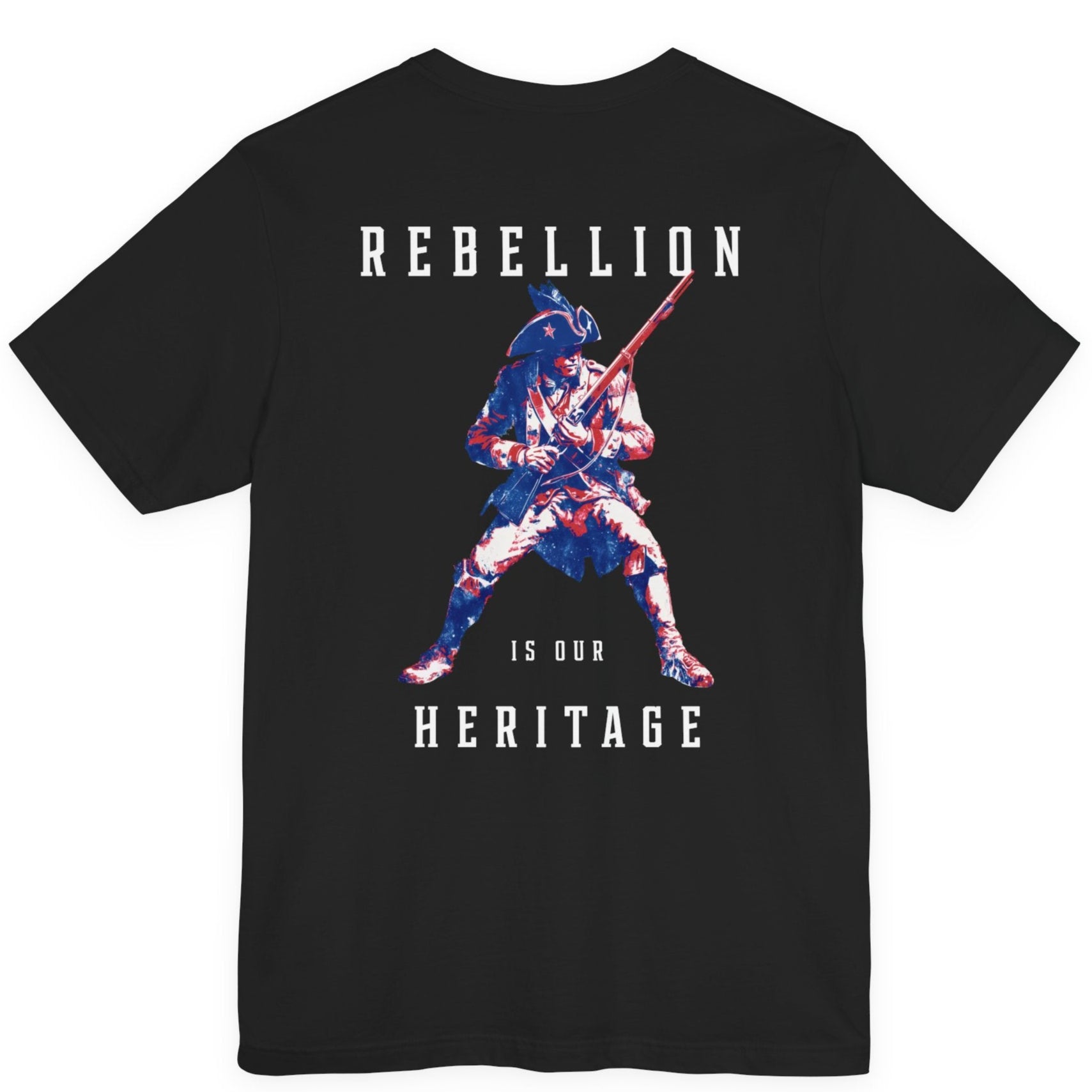 patriotic shirt rearview black color fabric logo on front graphic on back with minuteman soldier and phrase rebellion is our heritage, American t-shirt
