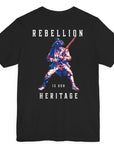 patriotic shirt rearview black color fabric logo on front graphic on back with minuteman soldier and phrase rebellion is our heritage, American t-shirt