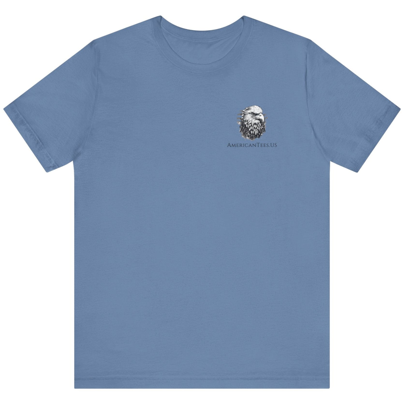 front view lavender blue color fabric tee with americantees.us logo on front with spartan helmet covered with american flag and motto molon labe patriotic shirt