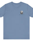 front view of a steel blue colored fabric shirt with americantees.us logo on front and a Gadsden flag on the back
