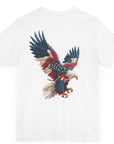 Bald eagle with American flag feathers on "Eagle of Valor" Patriotic Shirts, white color fabric, American Shirts design. rear view