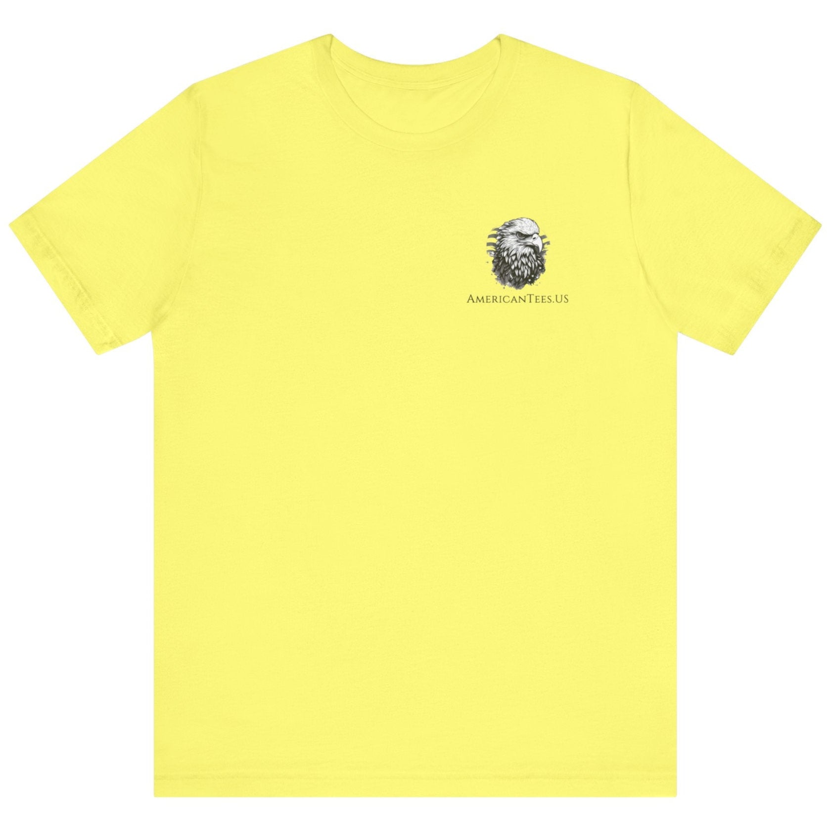 front view of a yellow colored fabric shirt with americantees.us logo on front and a Gadsden flag on the back