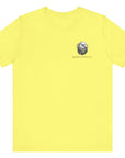 front view of a yellow colored fabric shirt with americantees.us logo on front and a Gadsden flag on the back