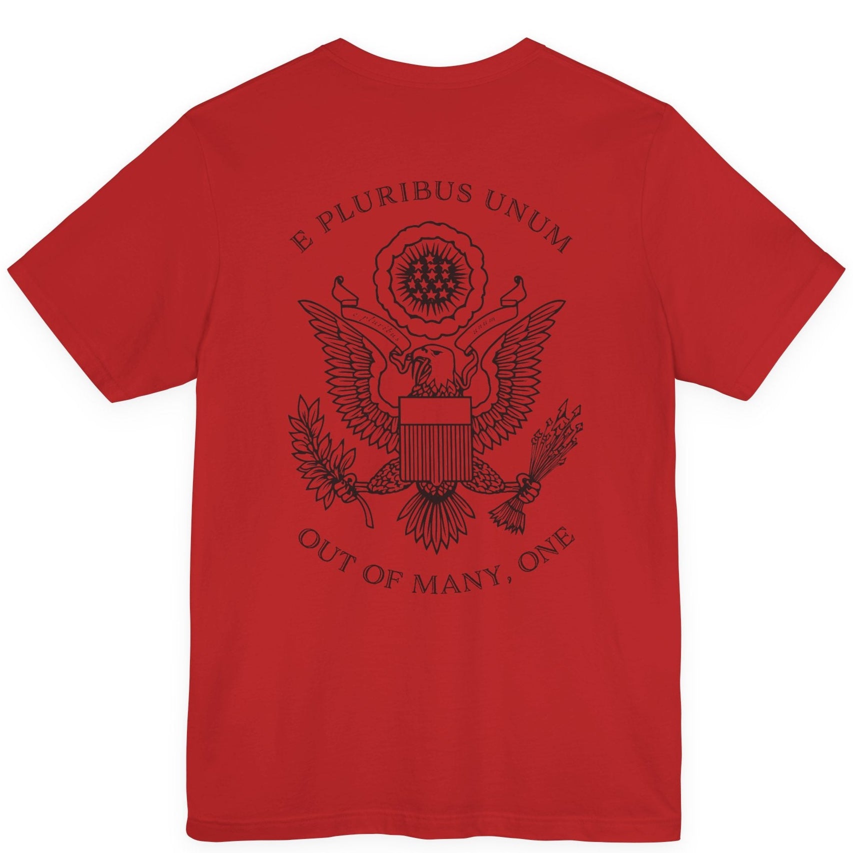 rear view of a red colored fabric patriotic shirt with an americantees.us logo on front and the great seal of the united states on the back