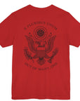 rear view of a red colored fabric patriotic shirt with an americantees.us logo on front and the great seal of the united states on the back