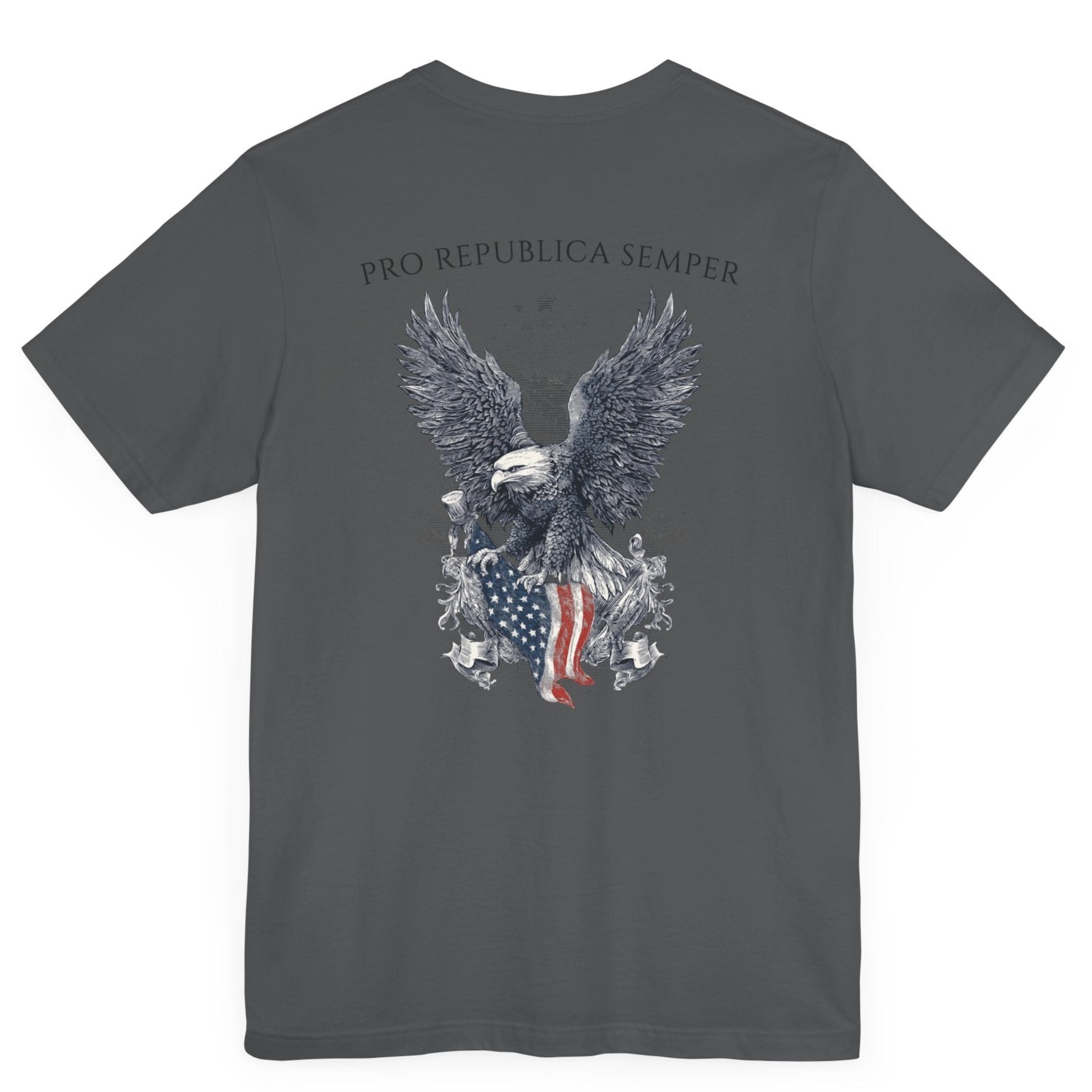 Patriotic Shirts Pro Libertas Semper Flag Eagle Tee, asphalt grey, back side, featuring a bold eagle clutching an American flag with scrollwork on a unisex 100% cotton shirt, ideal for American pride