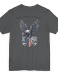 Patriotic Shirts Pro Libertas Semper Flag Eagle Tee, asphalt grey, back side, featuring a bold eagle clutching an American flag with scrollwork on a unisex 100% cotton shirt, ideal for American pride