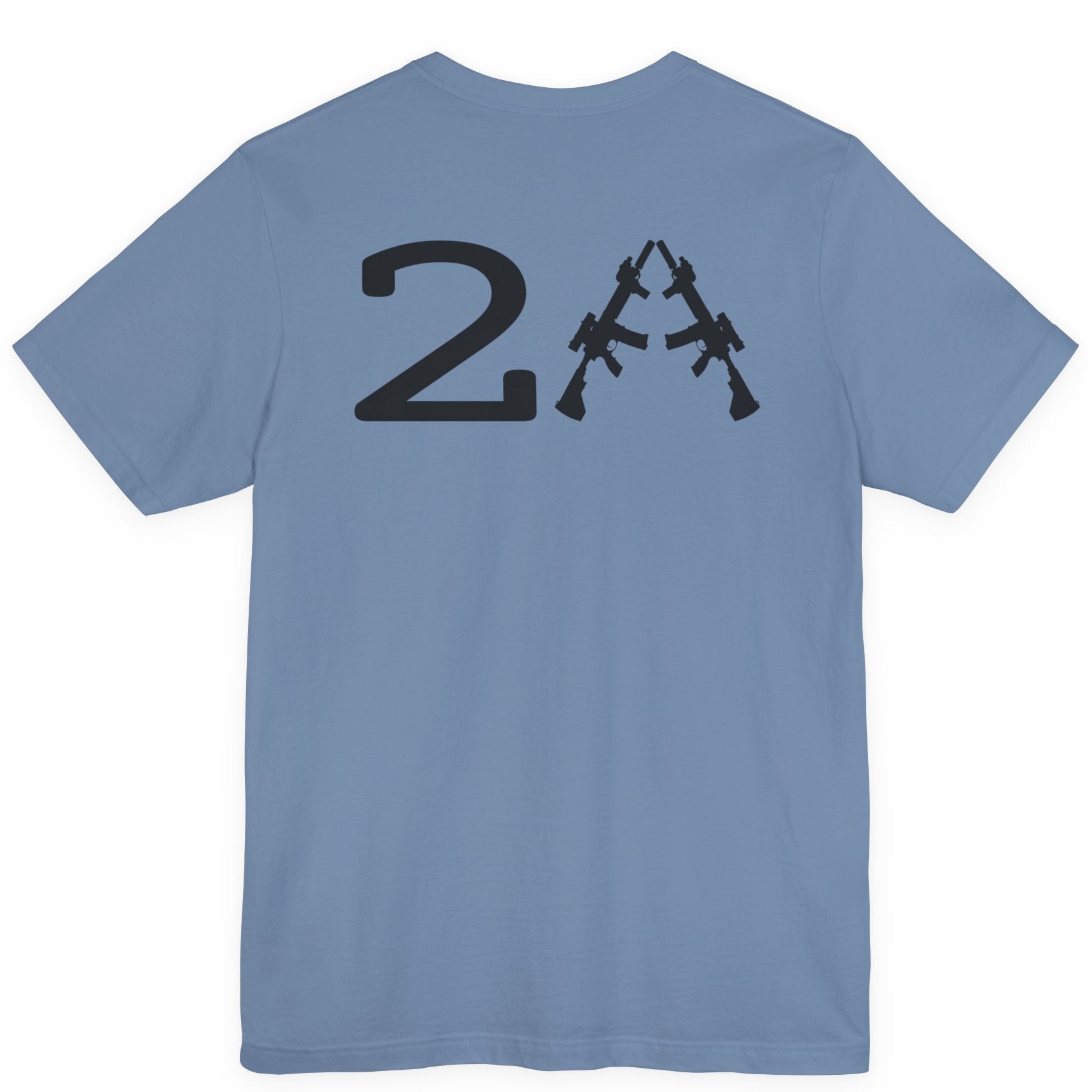 rear view of a patriotic a steel blue colored fabric shirt with americantees.us logo on front and 2A on the back with stacked rifles forming the A