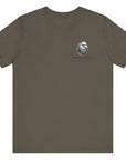 front view of a army green colored fabric shirt with americantees.us logo on front and betsy ross flag with the phrase give me liberty or give me death and 1776 on the back