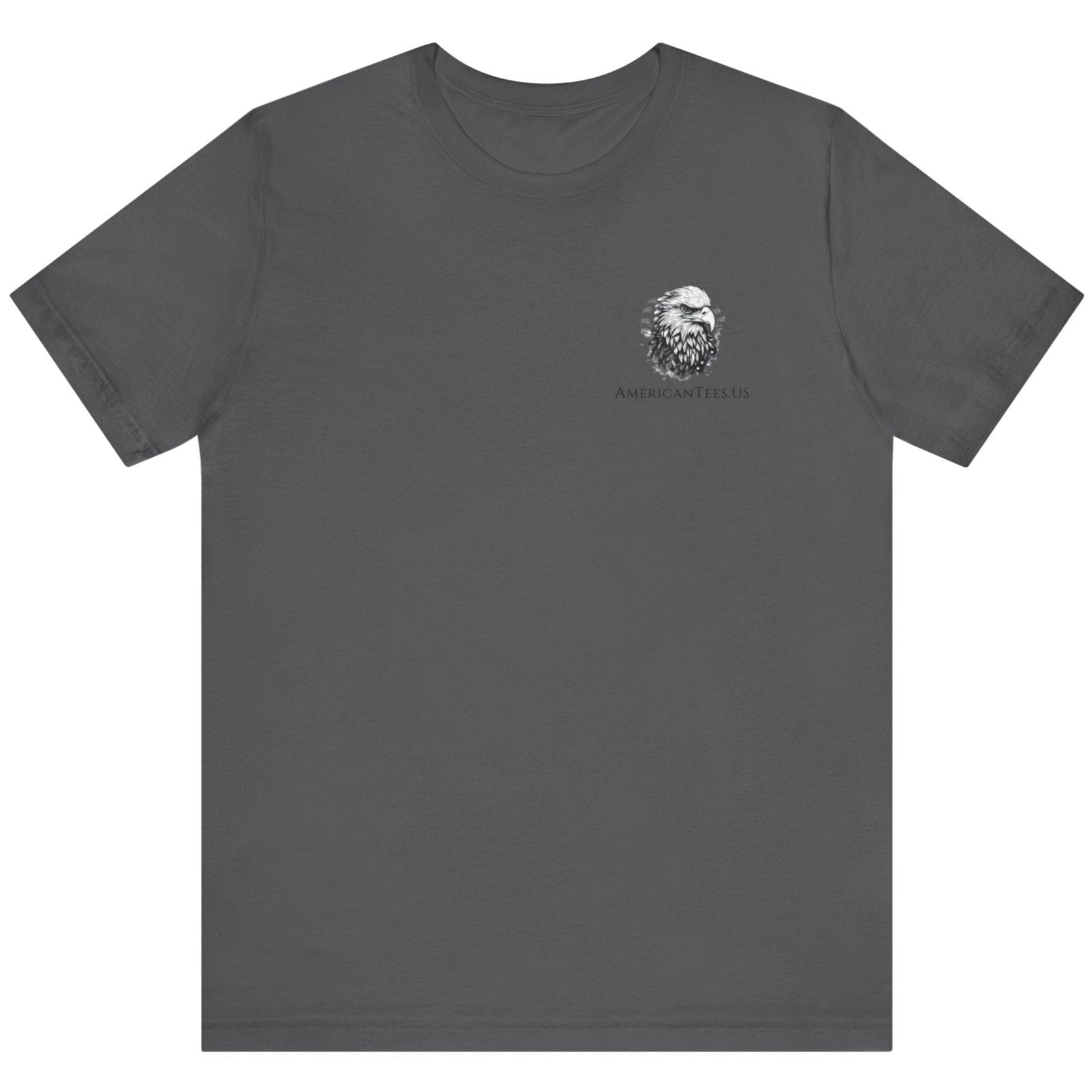 front view asphalt color fabric tee with americantees.us logo on front with spartan helmet covered with american flag and motto molon labe patriotic shirt