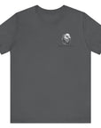 front view asphalt color fabric tee with americantees.us logo on front with spartan helmet covered with american flag and motto molon labe patriotic shirt