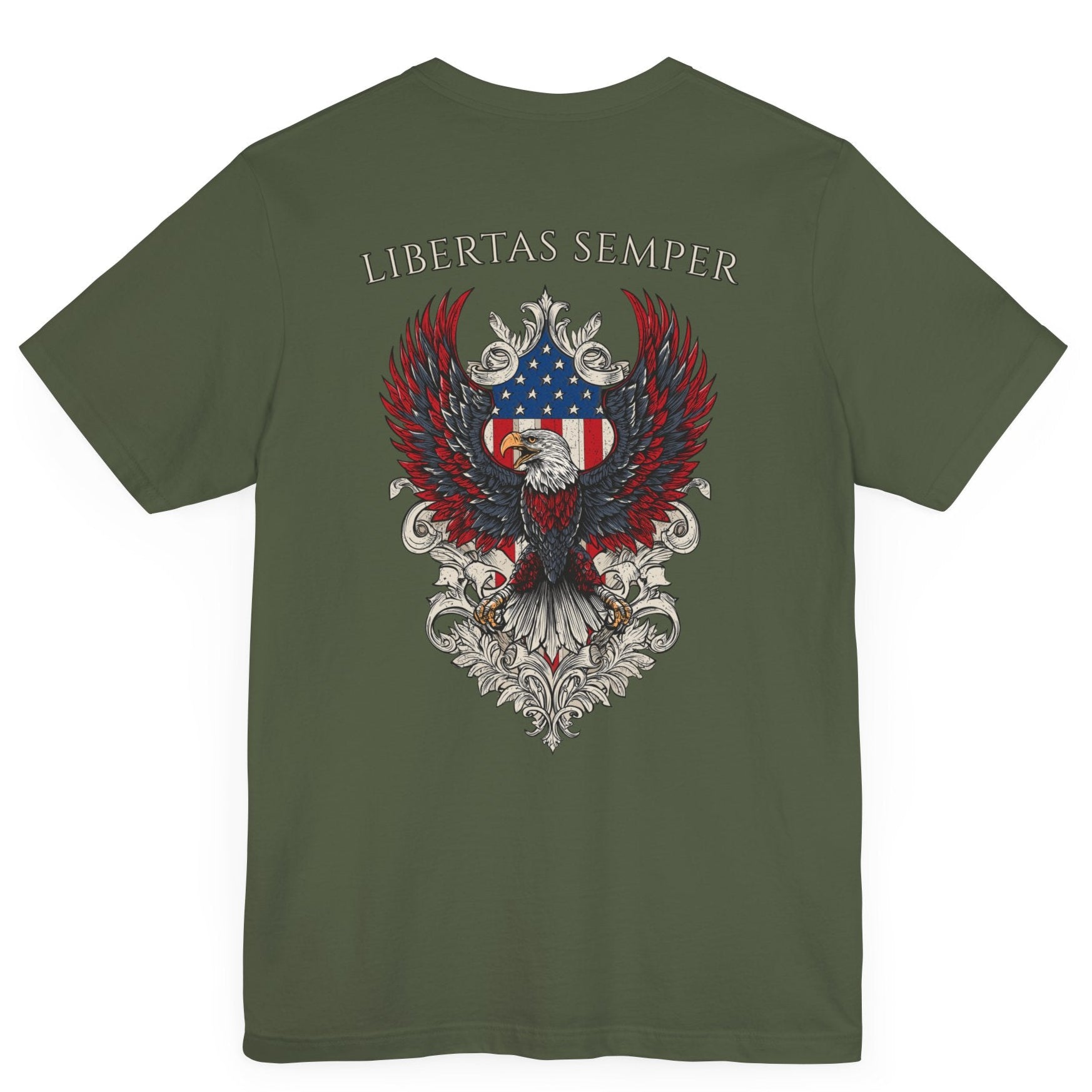 Patriotic Shirts Libertas Semper Eagle Flag Tee flat lay, military green back view featuring an eagle and American flag with scrollwork on a unisex 100% cotton shirt, ideal for American pride
