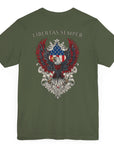 Patriotic Shirts Libertas Semper Eagle Flag Tee flat lay, military green back view featuring an eagle and American flag with scrollwork on a unisex 100% cotton shirt, ideal for American pride
