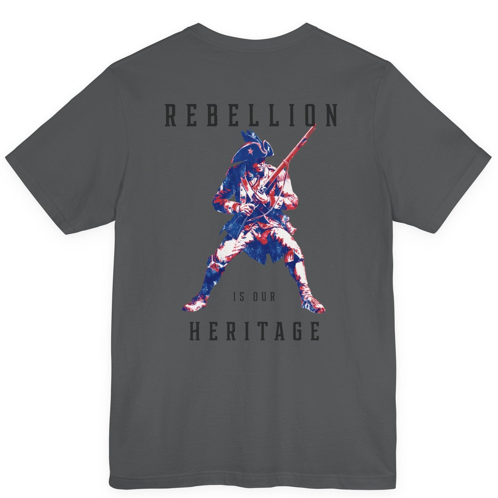 patriotic shirt rearview asphalt color fabric logo on front graphic on back with minuteman soldier and phrase rebellion is our heritage, American t-shirt