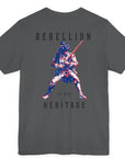 patriotic shirt rearview asphalt color fabric logo on front graphic on back with minuteman soldier and phrase rebellion is our heritage, American t-shirt