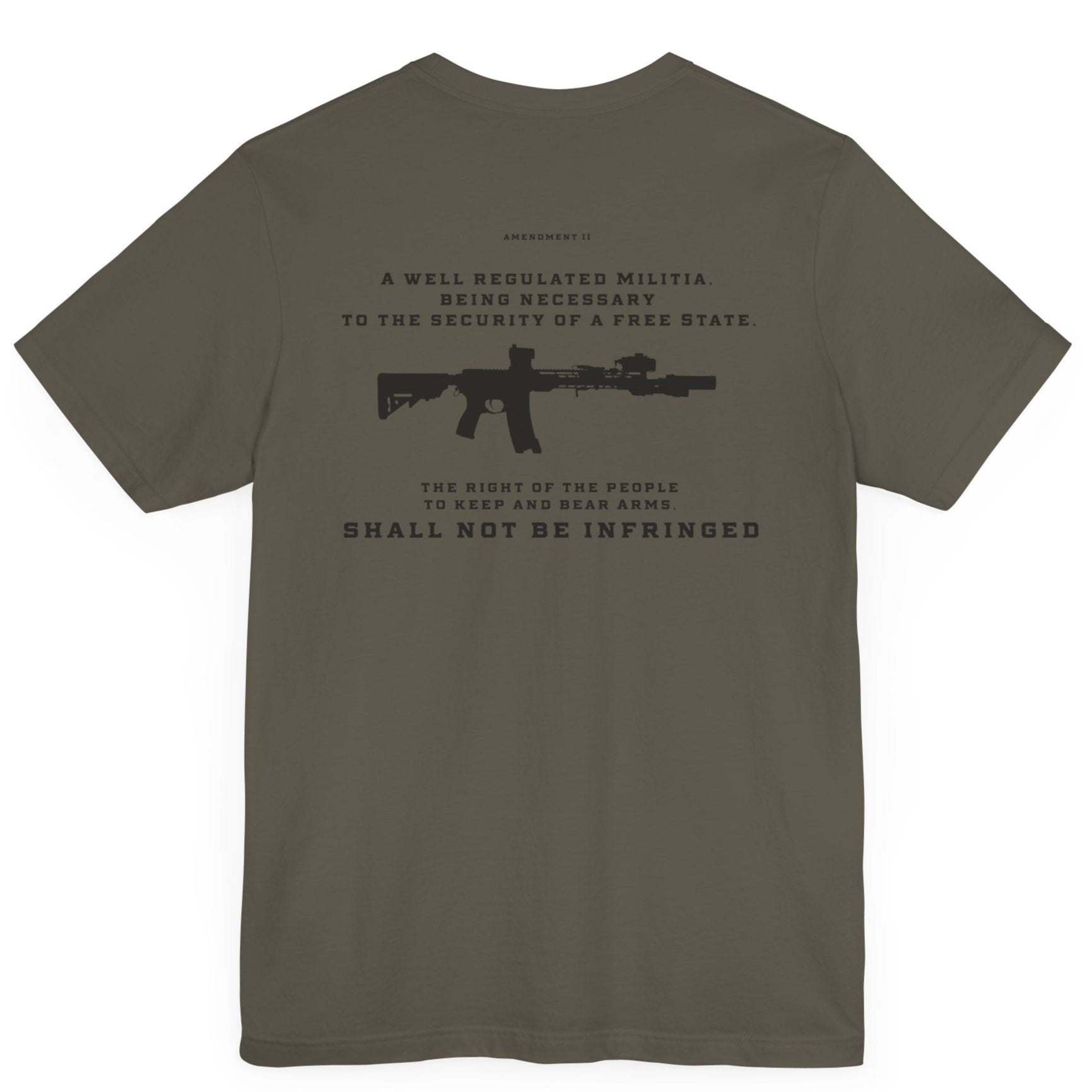 Second Amendment Patriotic Shirt with Rifle and Text Design, bill of rights, army green colored shirt, rear view