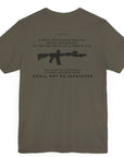 Second Amendment Patriotic Shirt with Rifle and Text Design, bill of rights, army green colored shirt, rear view