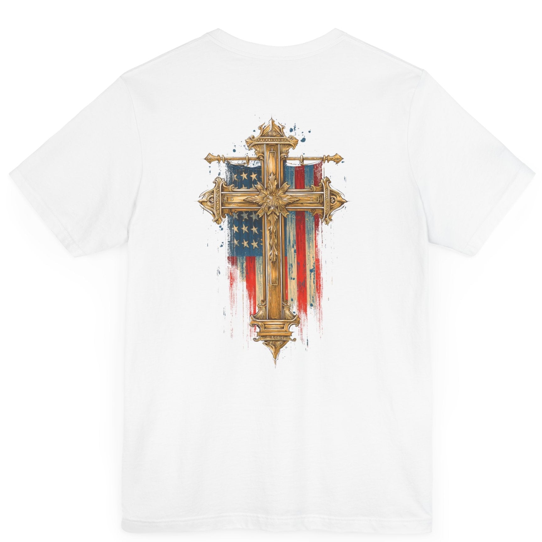 Cross of Faith Patriotic Shirt with Cross Flag Design, American Flag, white colored shirt, rear view