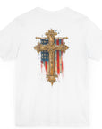 Cross of Faith Patriotic Shirt with Cross Flag Design, American Flag, white colored shirt, rear view