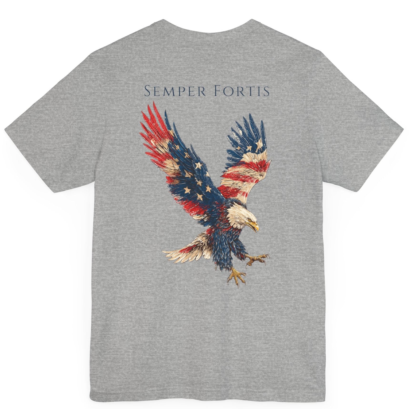 Semper Fortis Patriotic Shirt with Eagle Flag Design, American, athletic heather color shirt, back view