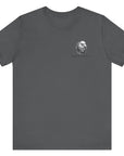 front view of a asphalt colored fabric shirt with americantees.us logo on front and betsy ross flag with the phrase give me liberty or give me death and 1776 on the back