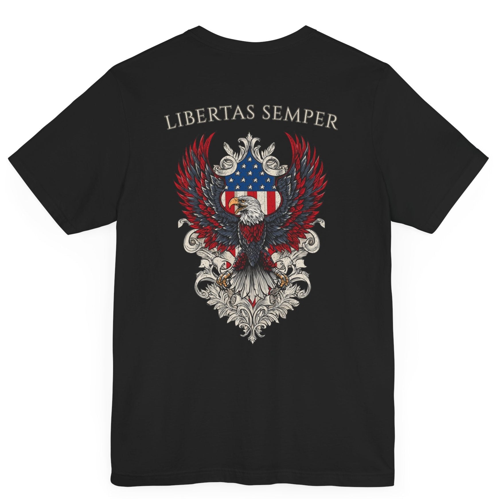 Patriotic Shirts Libertas Semper Eagle Flag Tee flat lay, black back view featuring an eagle and American flag with scrollwork on a unisex 100% cotton shirt, ideal for American pride