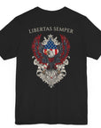 Patriotic Shirts Libertas Semper Eagle Flag Tee flat lay, black back view featuring an eagle and American flag with scrollwork on a unisex 100% cotton shirt, ideal for American pride