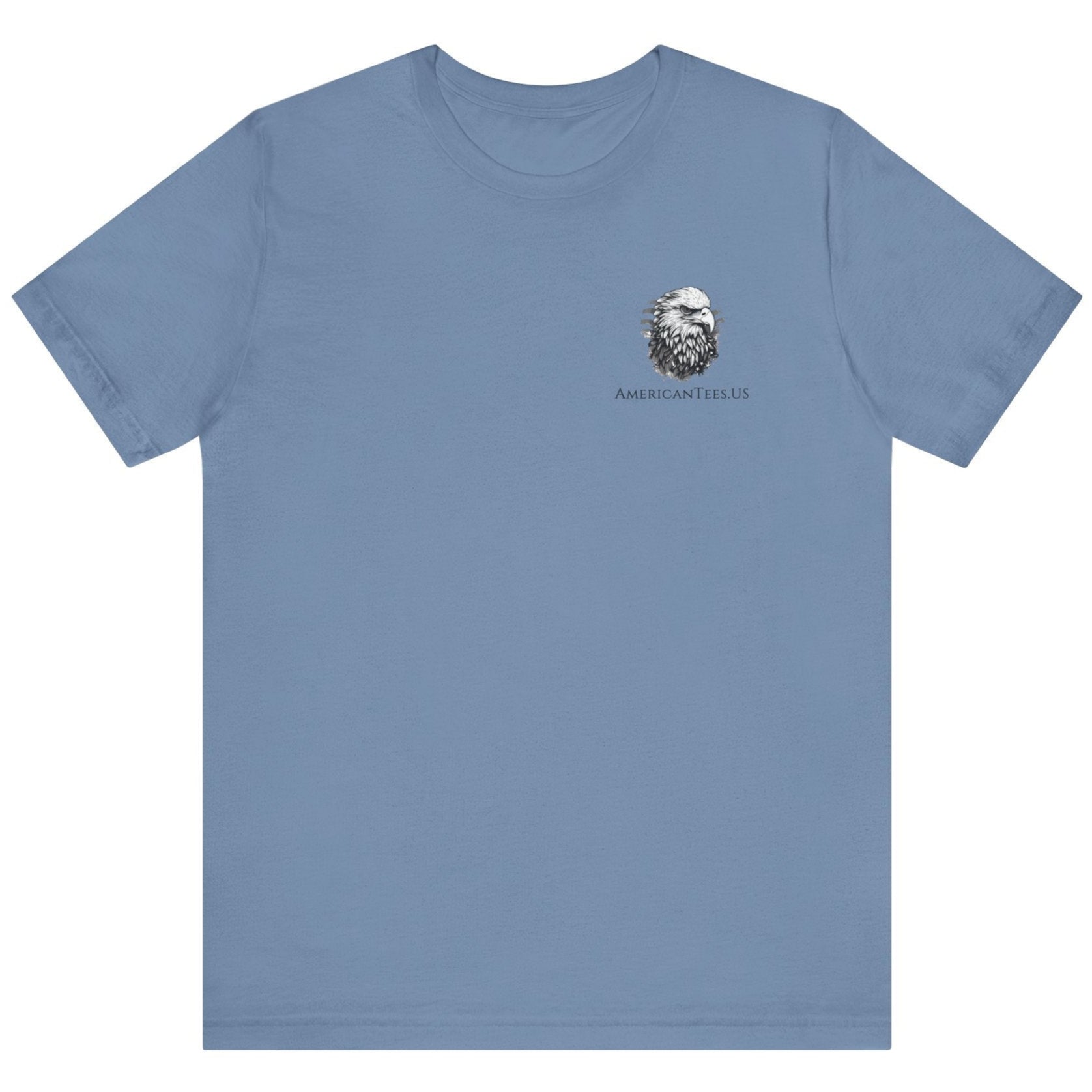 front view of a patriotic steel blue colored fabric shirt with americantees.us logo on front and 2A on the back with stacked rifles forming the A