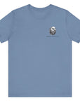 front view of a patriotic steel blue colored fabric shirt with americantees.us logo on front and 2A on the back with stacked rifles forming the A