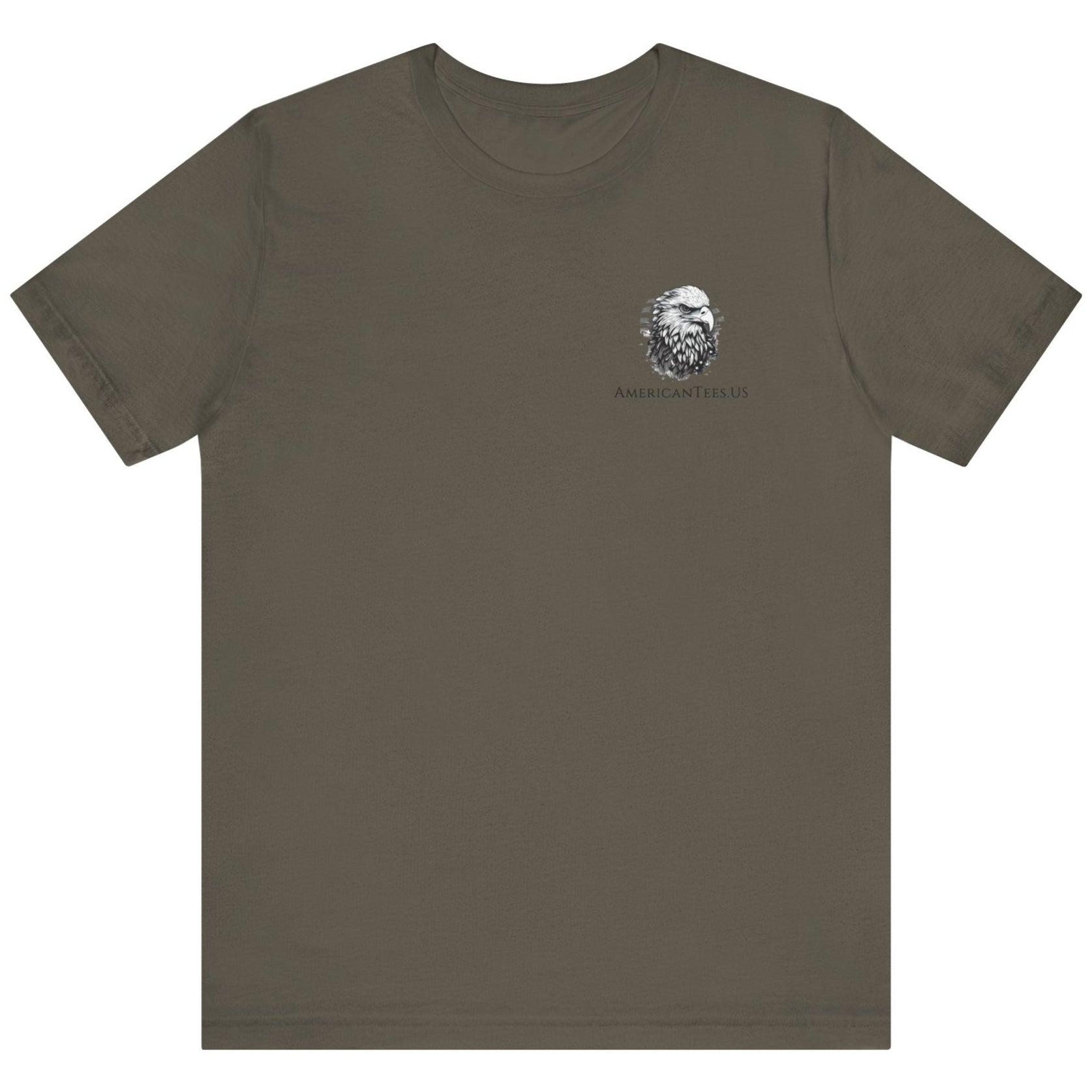 front view of patriotic shirt army green color fabric tee with logo on front and american flag with liberty  bell and crossed rifles on back, motto that states Come and Take Them  and molon labe on scroll