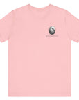 front view of a pink colored fabric shirt with americantees.us logo on front and a Gadsden flag on the back