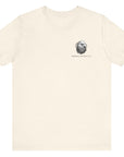 front view of a natural colored fabric patriotic shirt with an americantees.us logo on front and the great seal of the united states on the back