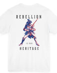 patriotic shirt rear view white color fabric logo on front graphic on back with minuteman soldier and phrase rebellion is our heritage, American t-shirt