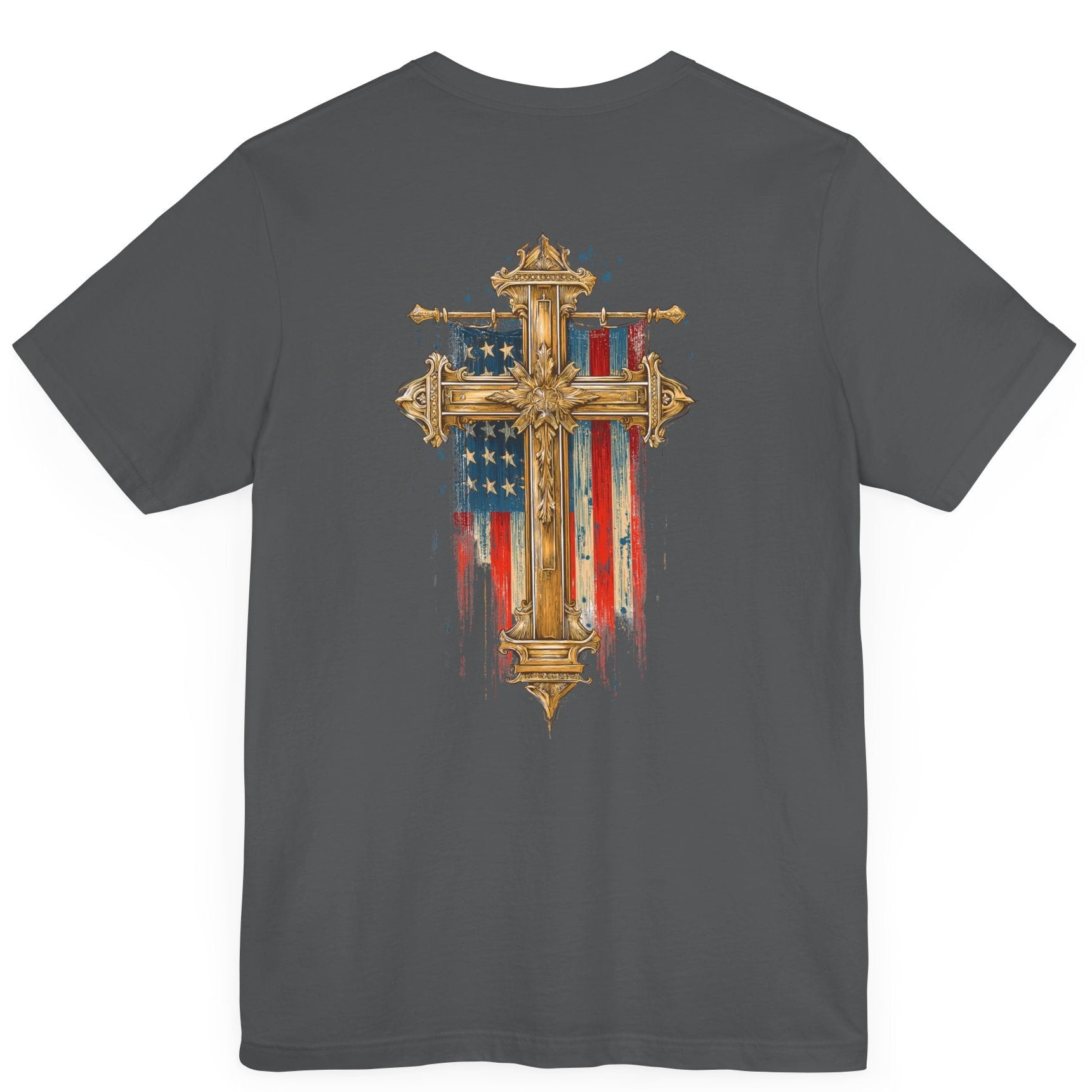 Cross of Faith Patriotic Shirt with Cross Flag Design, American Flag, asphalt colored shirt, rear view