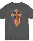 Cross of Faith Patriotic Shirt with Cross Flag Design, American Flag, asphalt colored shirt, rear view