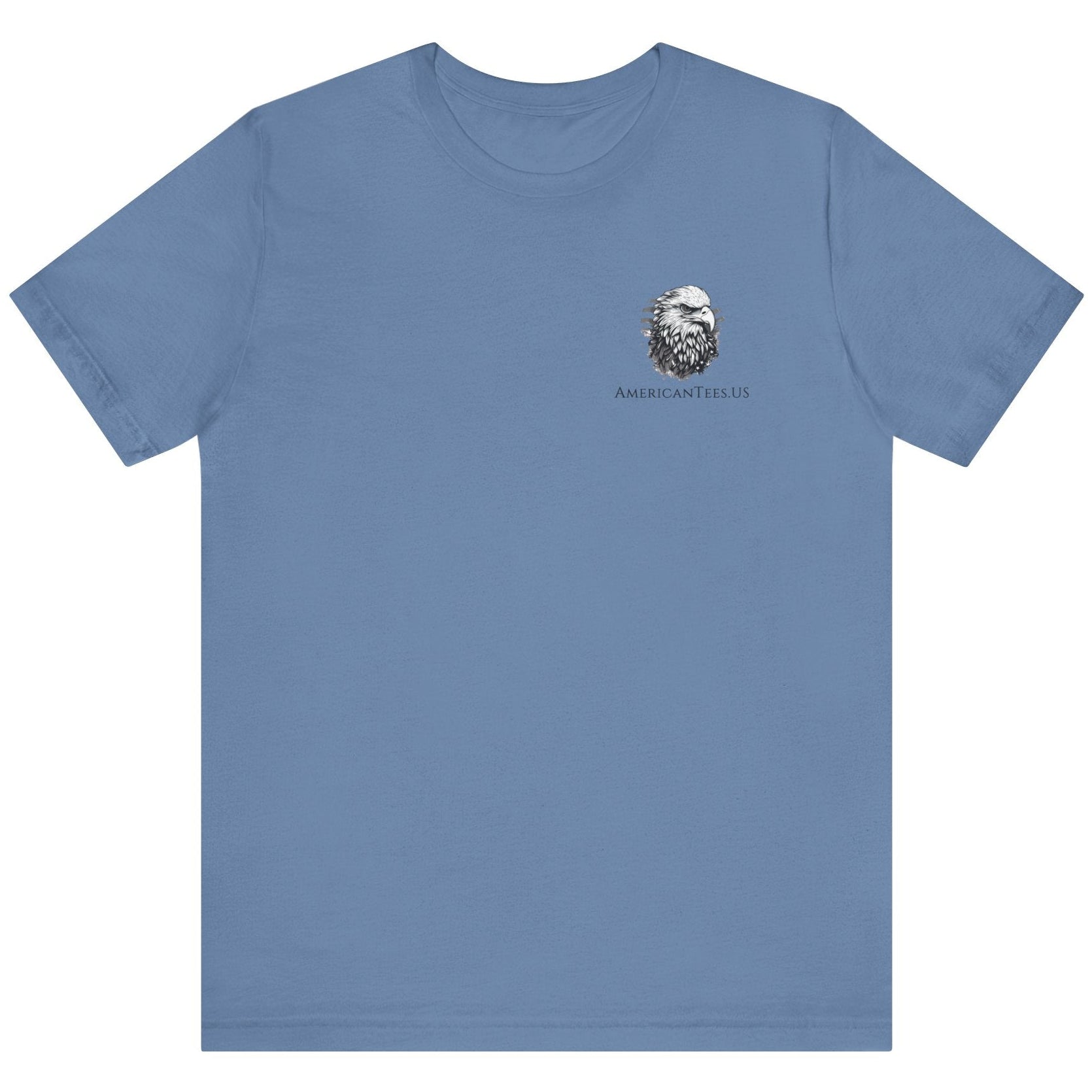 front view of lavender blue colored fabric patriotic shirt with American flag background and the preamble of the united states constitution on the back pf shirt, front of shirt has americantees.us logo