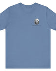 front view of lavender blue colored fabric patriotic shirt with American flag background and the preamble of the united states constitution on the back pf shirt, front of shirt has americantees.us logo
