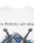 white colored t-shirt featuring two crossed swords in front of a full-color American flag graphic, with the text "Ius Populi ad Arma" in bold black font above. back view closeup
