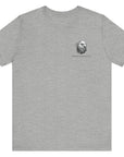 patriotic shirt front view athletic heather color fabric tee logo with eagle on front, american flag on shield with scrollwork, Domus Fortium, home of the brave motto