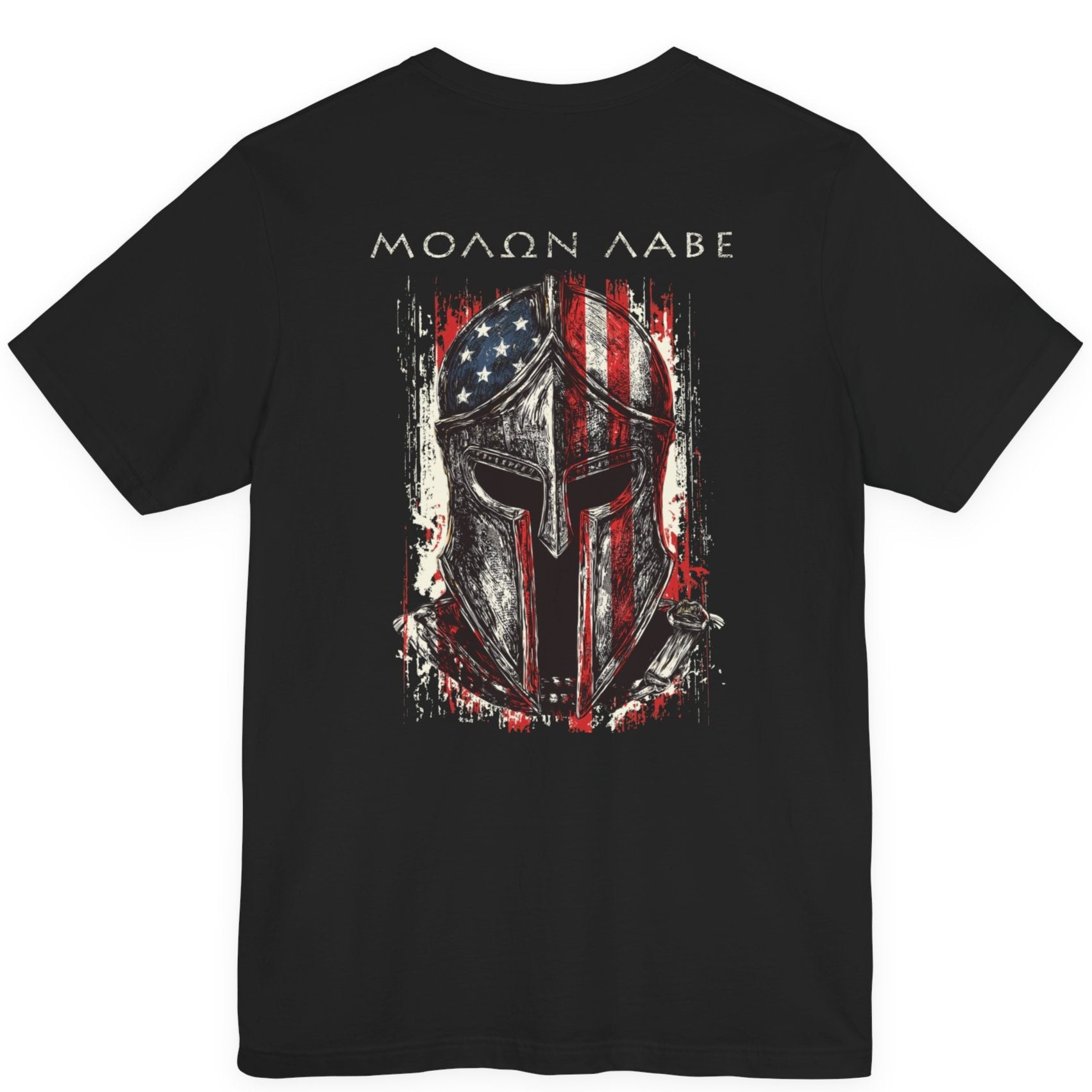 rear view black color fabric tee with americantees.us logo on front with spartan helmet covered with american flag and motto molon labe patriotic shirt